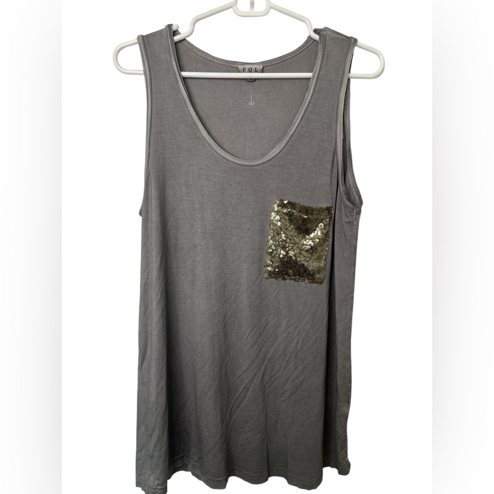 POL Gray Acid Washed Tank with Sequin Front Pocket Large